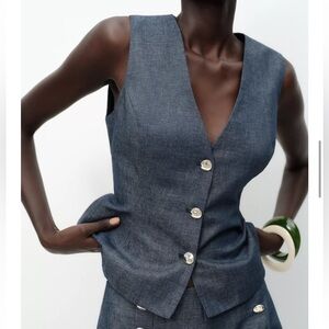 NWT Zara Linen Blend Peplum Vest Blue Chambray Gold Buttons Sleeveless Women XS